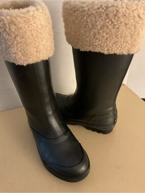 UGG Black Rain Boots with Cream Shearling Cuffs